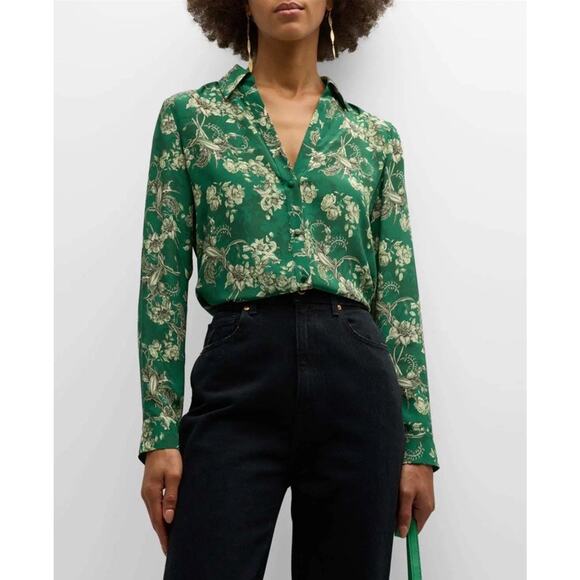 ALICE + OLIVIA ELOISE BUTTON-UP SILK BLOUSE CENTRAL PARK GREEN MULTI SIZE XS - Picture 1 of 9